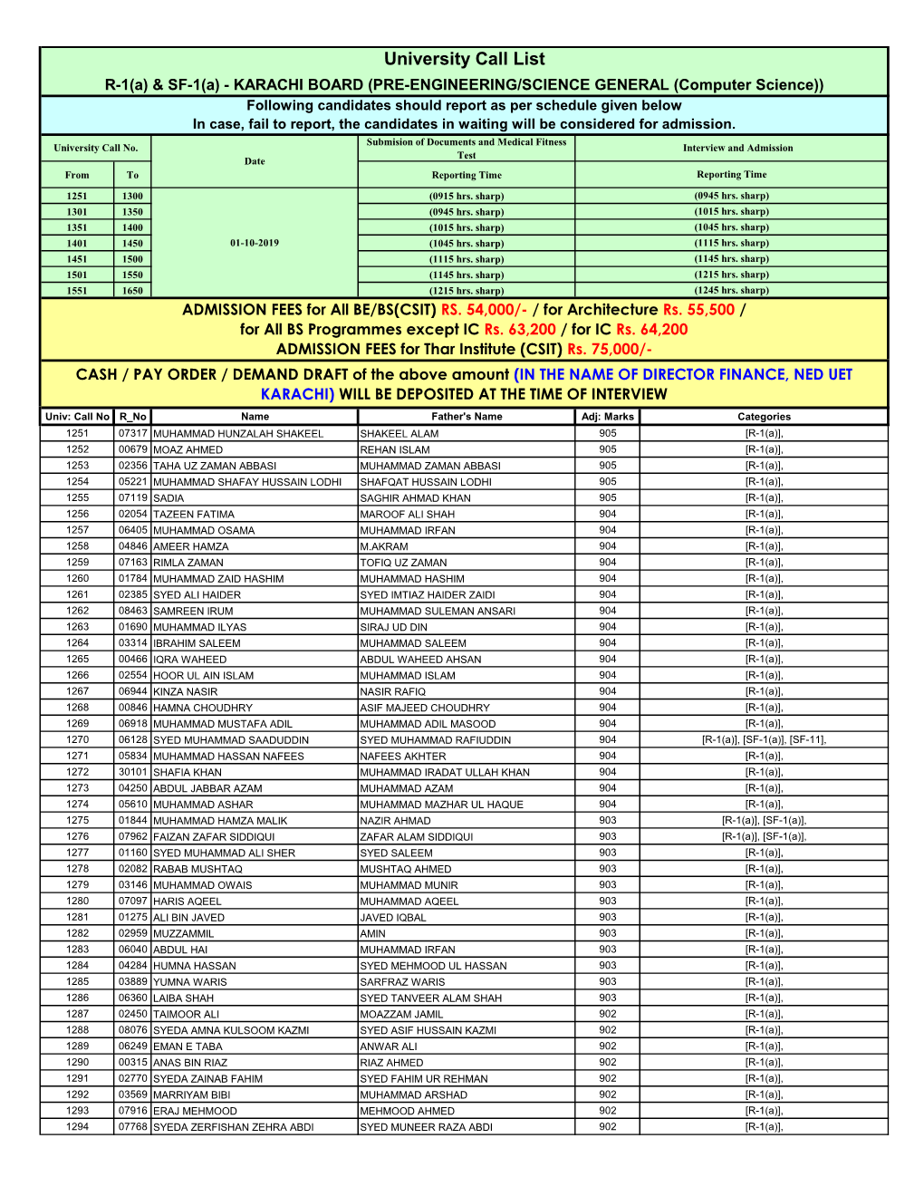 University Call List