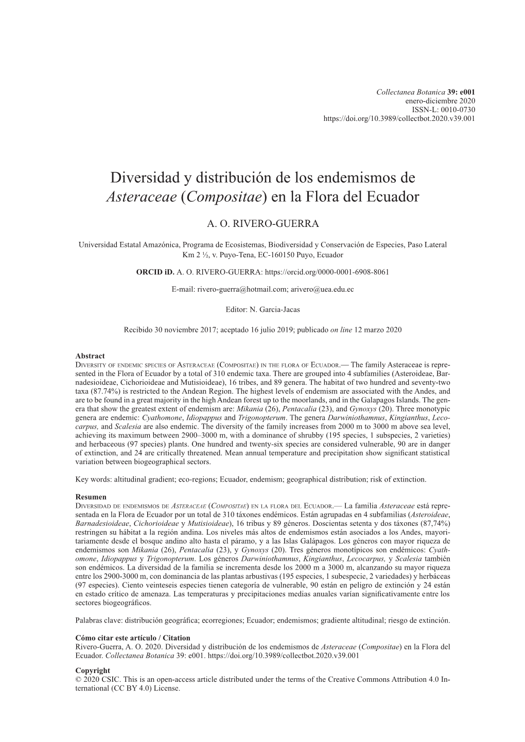 Diversidad Y Distribución De Los Endemismos De Asteraceae (Compositae) En La Flora Del Ecuador