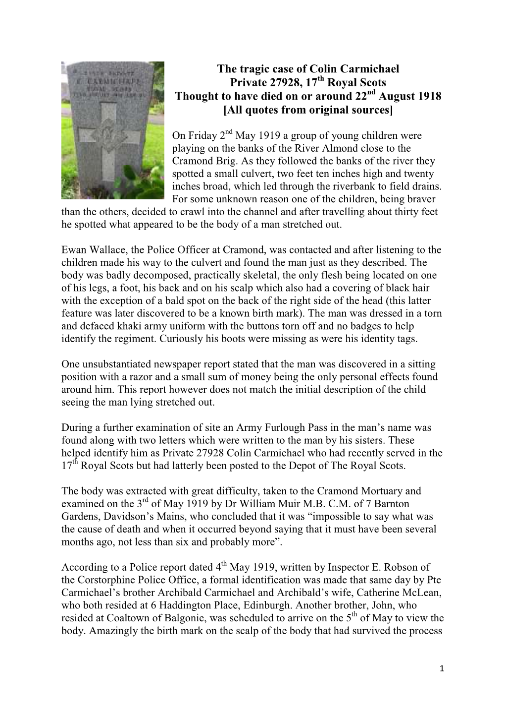 The Tragic Case of Colin Carmichael Private 27928, 17 Royal Scots