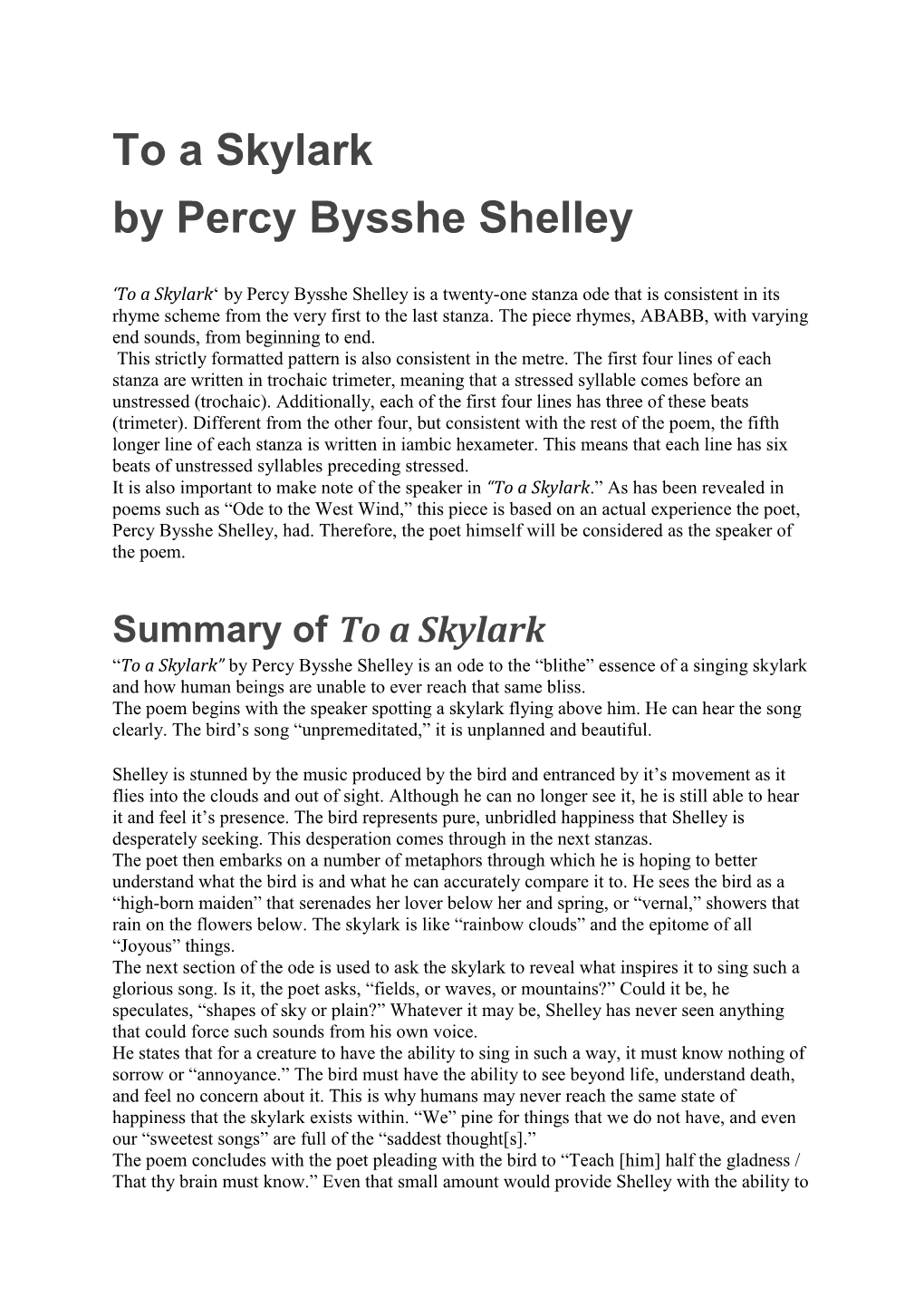 To a Skylark by Percy Bysshe Shelley