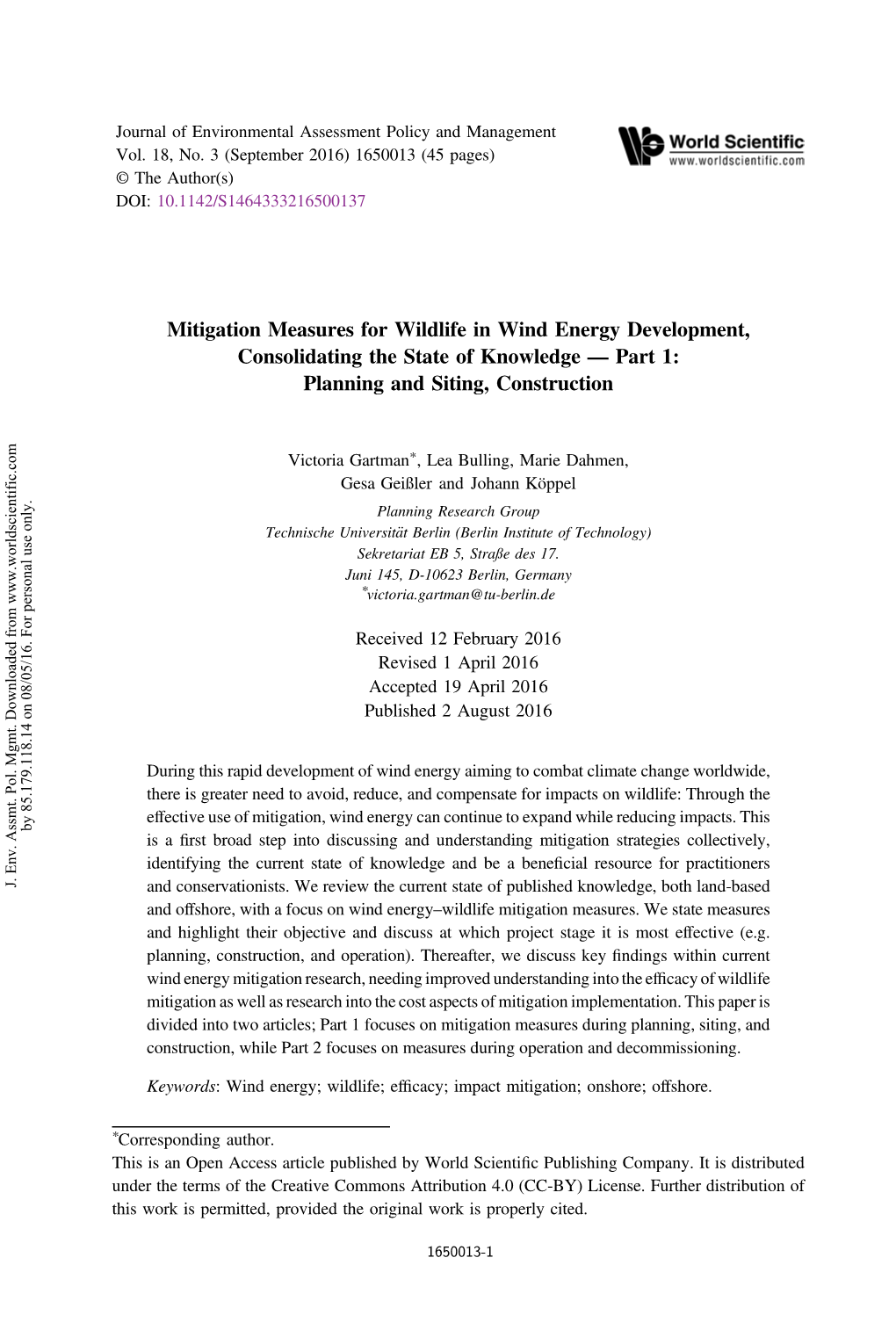 Mitigation Measures for Wildlife in Wind Energy Development, Consolidating the State of Knowledge — Part 1: Planning and Siting, Construction