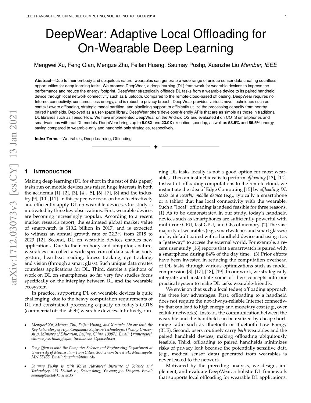 Deepwear: Adaptive Local Offloading for On-Wearable Deep Learning