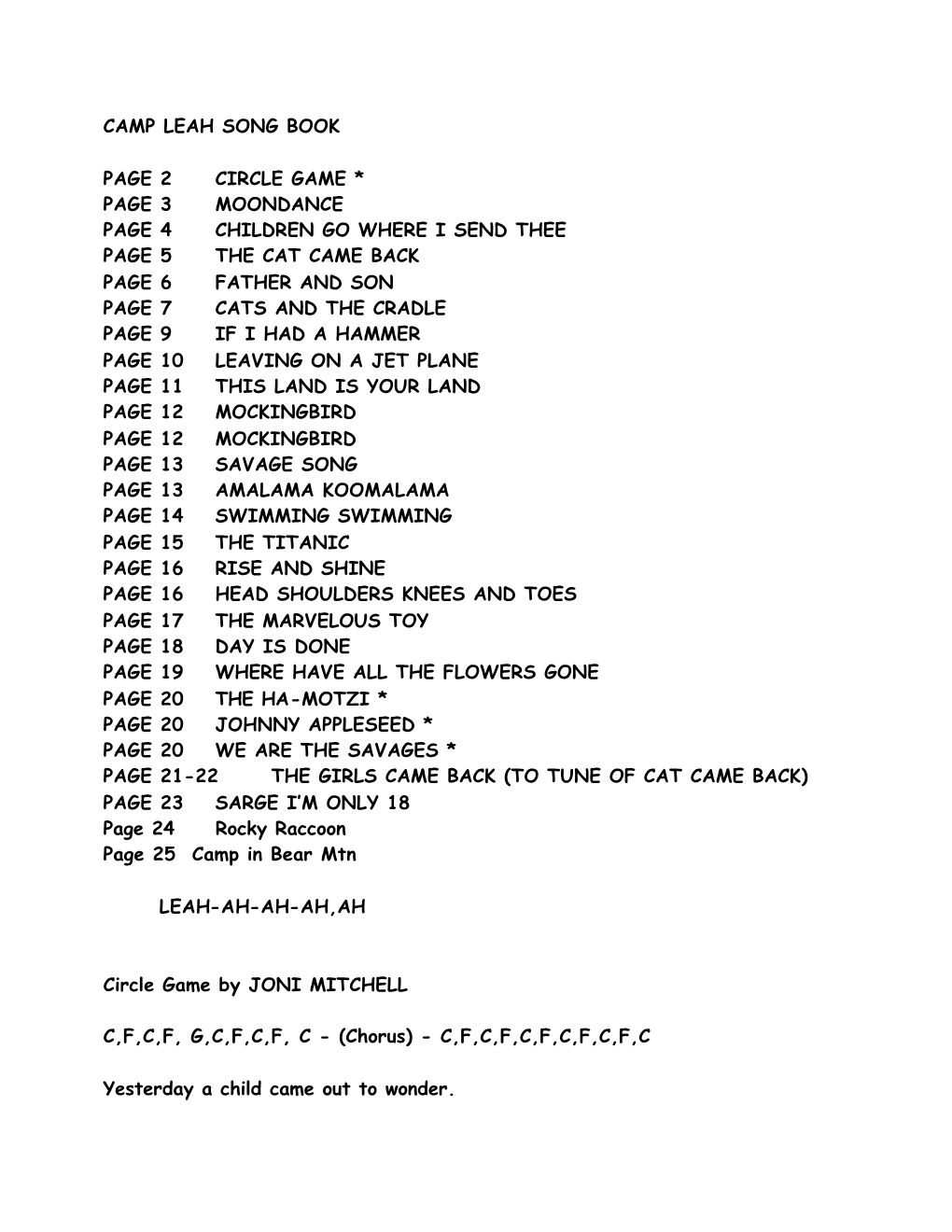 Camp Leah Song Book Page 2 Circle Game * Page 3