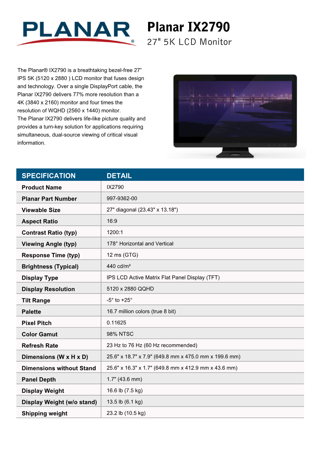 Planar IX2790 27" 5K LCD Monitor