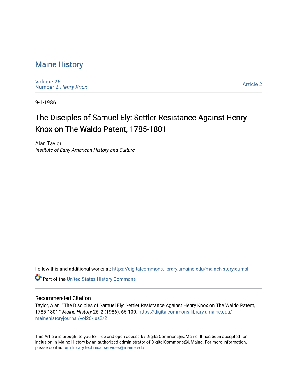 The Disciples of Samuel Ely: Settler Resistance Against Henry Knox on the Waldo Patent, 1785-1801