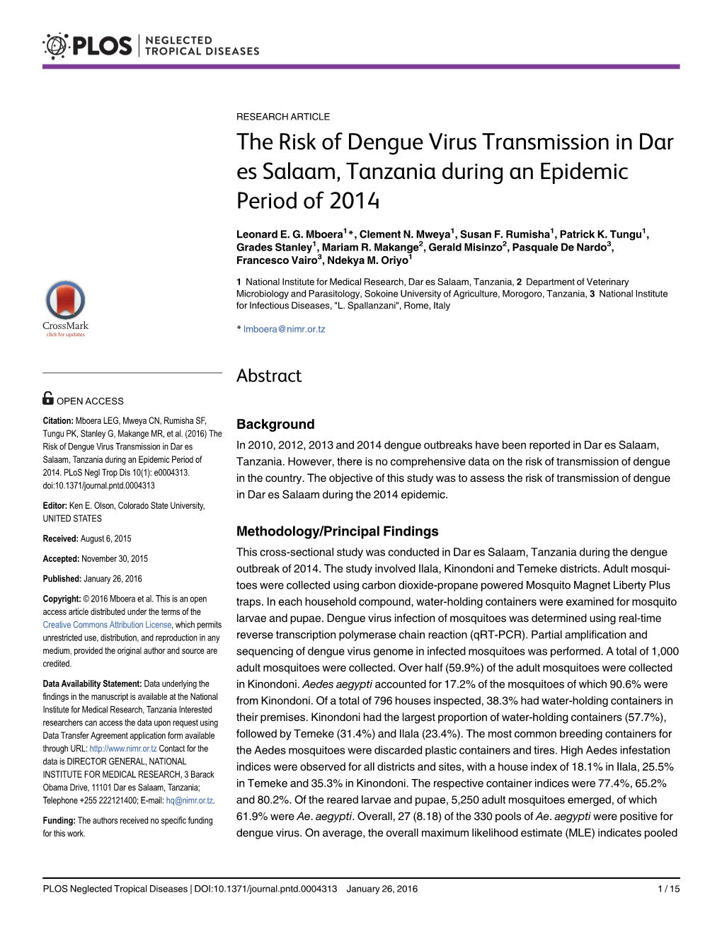 The Risk of Dengue Virus Transmission in Dar Es Salaam, Tanzania During an Epidemic Period of 2014