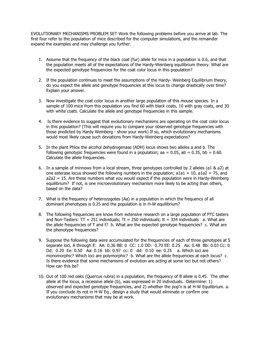 EVOLUTIONARY MECHANISMS PROBLEM SET Work the Following Problems Before You Arrive at Lab