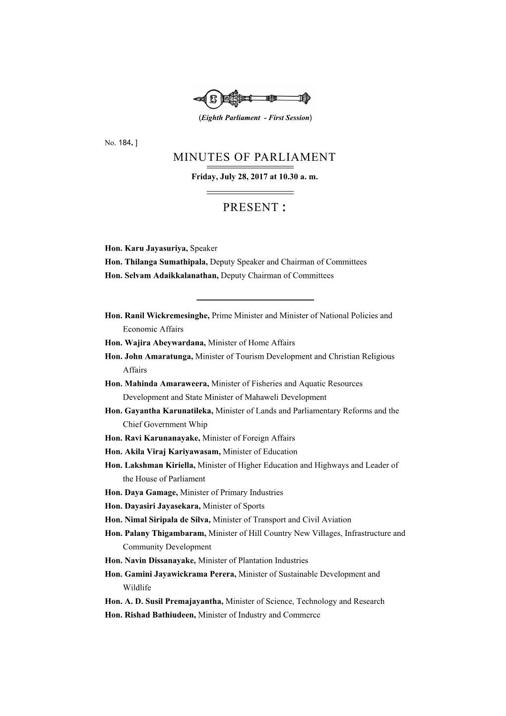 Minutes of Parliament Present