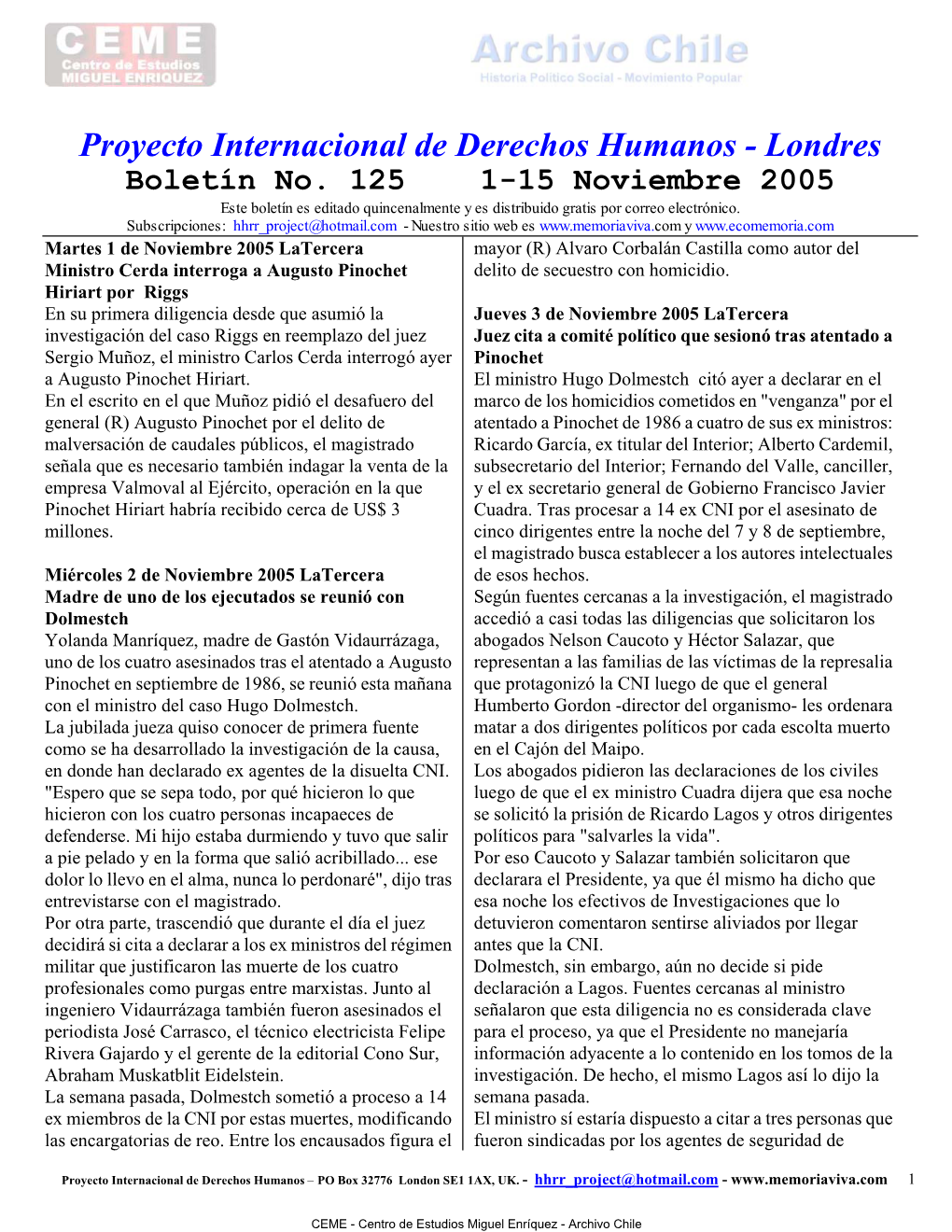 Boletín 125 DD.HH. 01 Al 15 Noviembre 2005