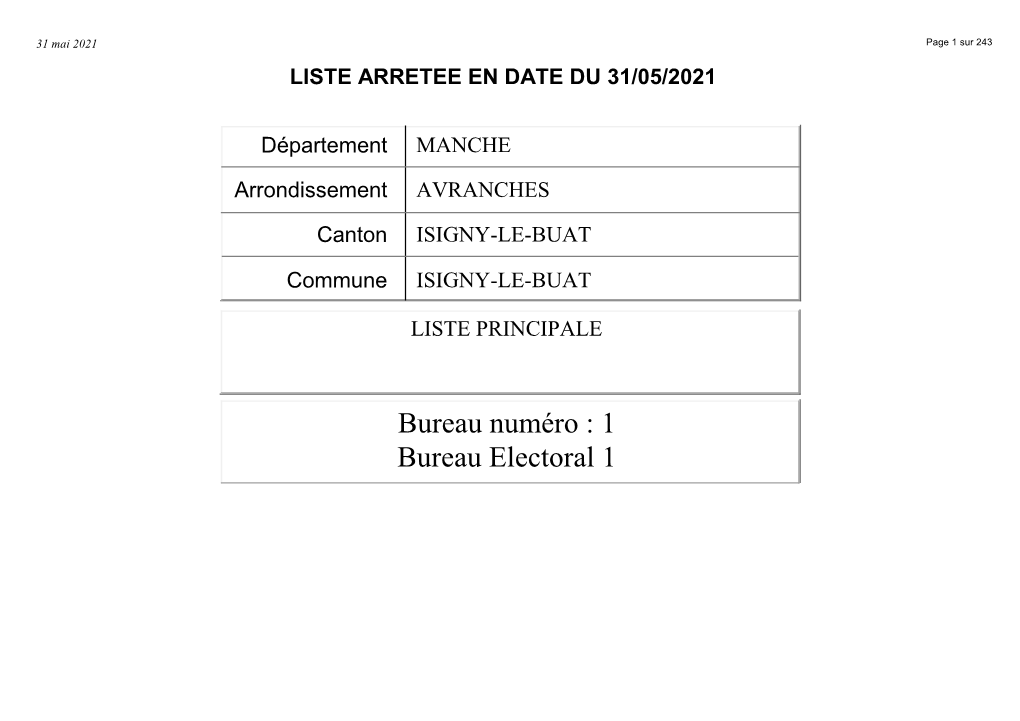 Bureau Numéro : 1 Bureau Electoral 1 Page 2 Sur 243 Liste Électorale Principale Bureau Numéro : 1-Bureau Electoral 1