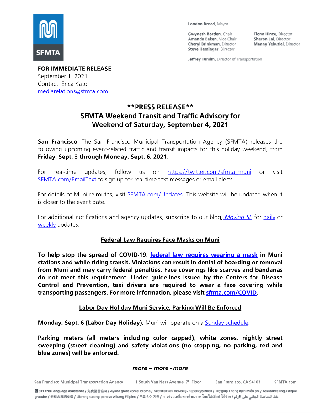 PRESS RELEASE** SFMTA Weekend Transit and Traffic Advisory for Weekend of Saturday, September 4, 2021