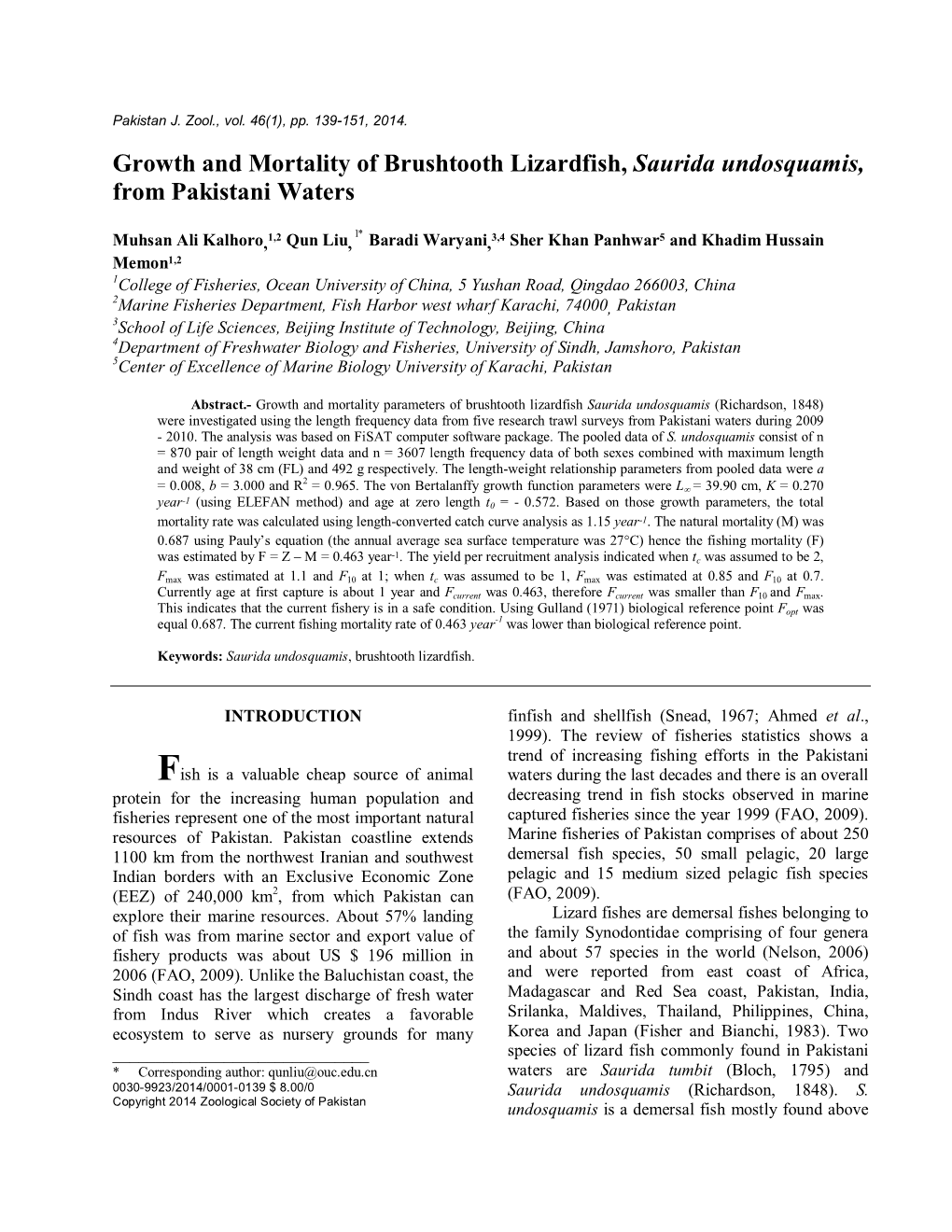 Growth and Mortality of Brushtooth Lizardfish, Saurida Undosquamis, from Pakistani Waters