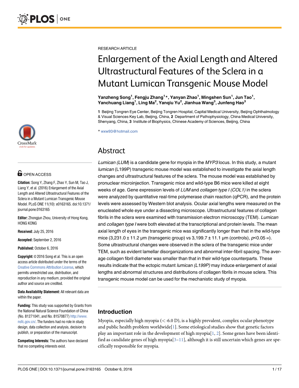 Enlargement of the Axial Length and Altered Ultrastructural Features of the Sclera in a Mutant Lumican Transgenic Mouse Model