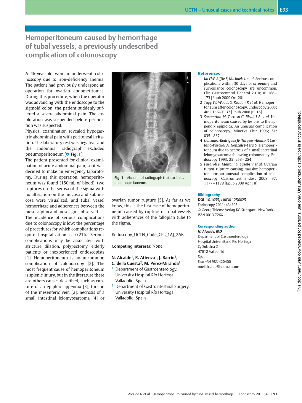 Hemoperitoneum Caused by Hemorrhage of Tubal Vessels, a Previously Undescribed Complication of Colonoscopy