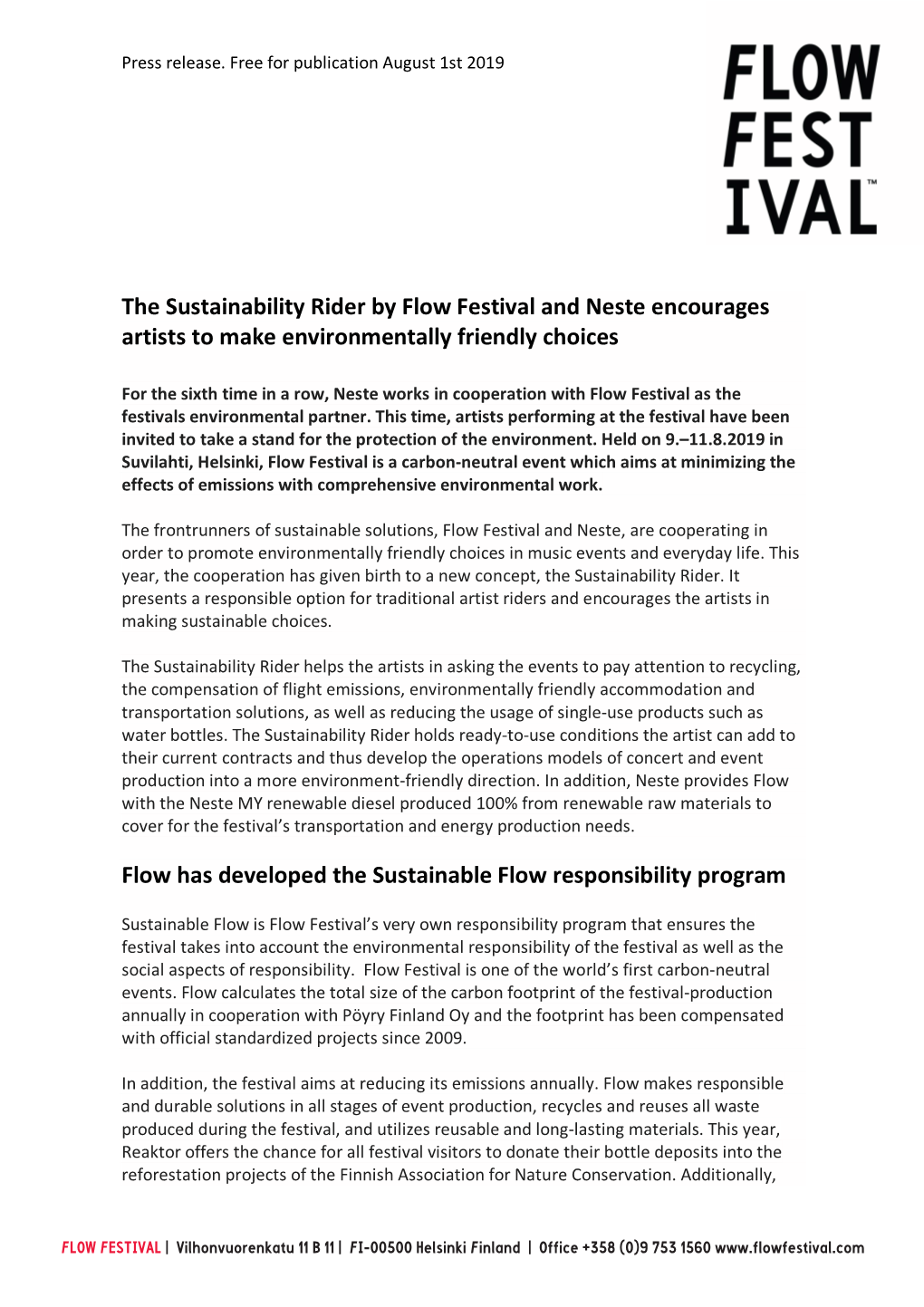 The Sustainability Rider by Flow Festival and Neste Encourages Artists to Make Environmentally Friendly Choices