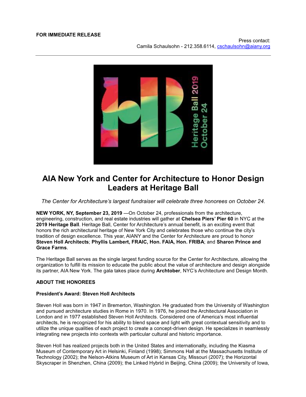 AIA New York and Center for Architecture to Honor Design Leaders at Heritage Ball