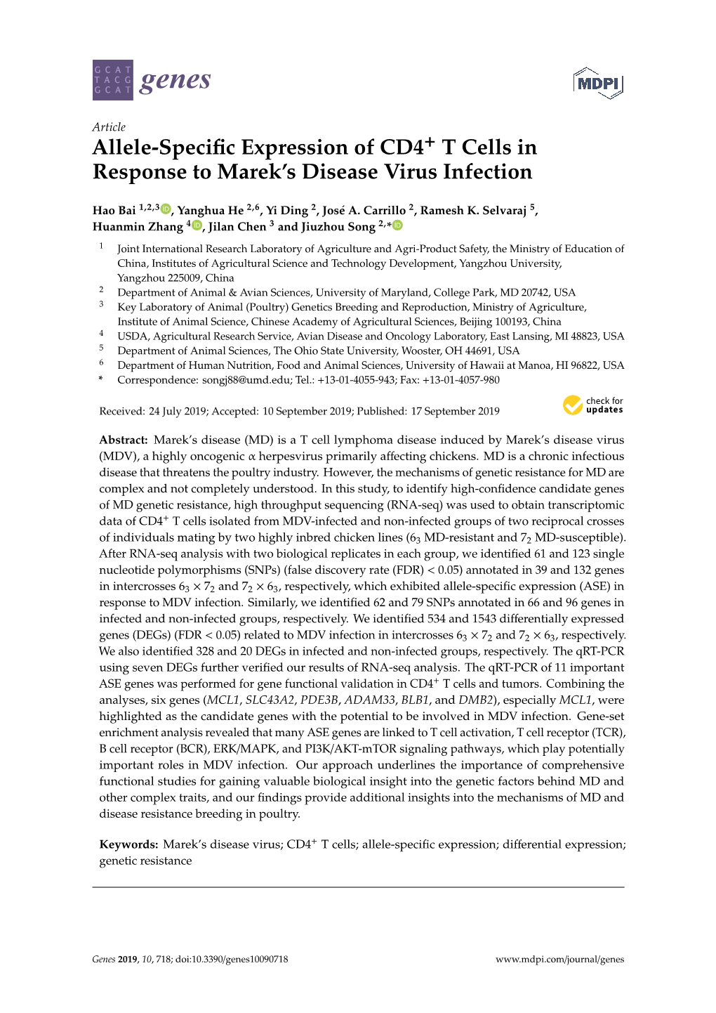 Allele-Specific Expression of CD4+ T Cells in Response to Marek's