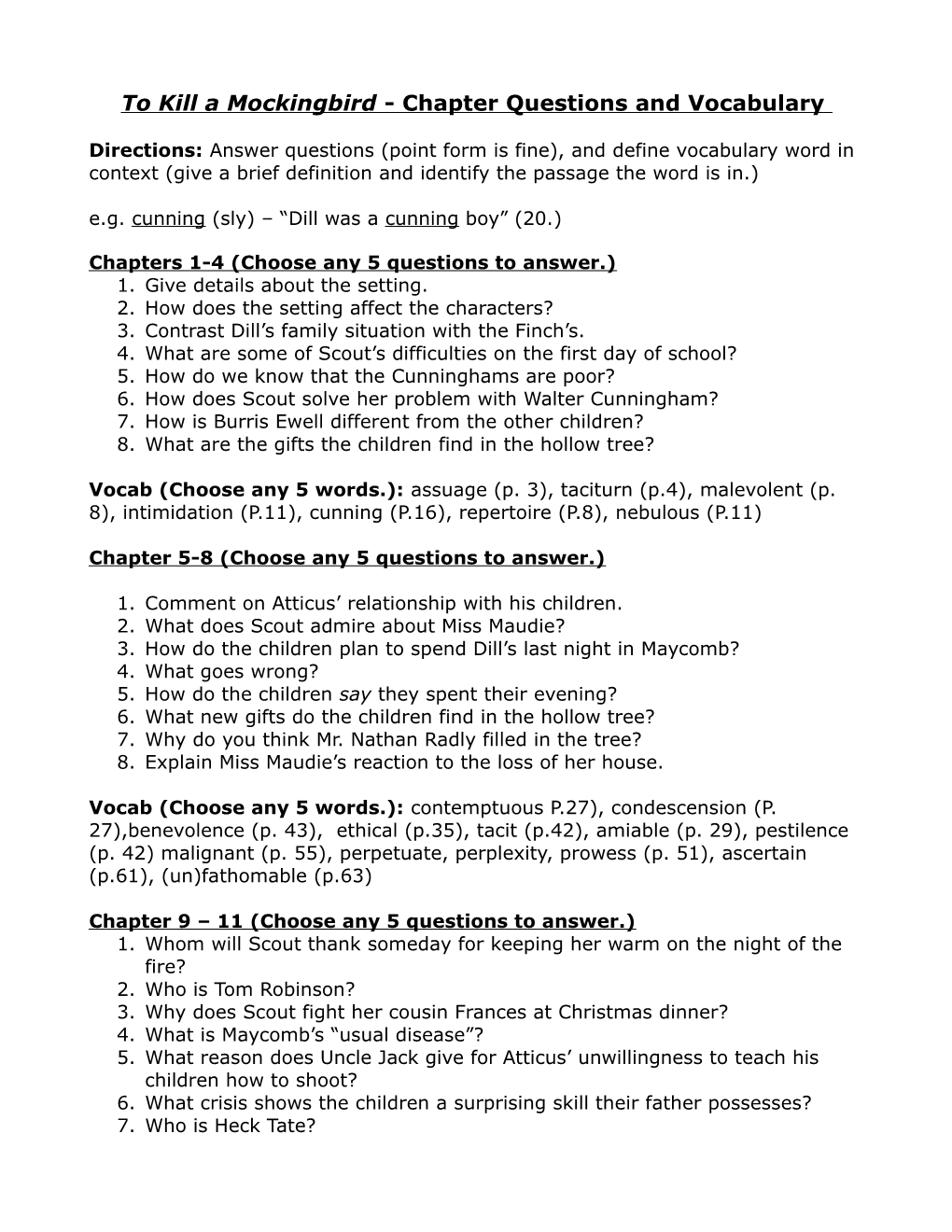 To Kill a Mockingbird - Chapter Questions and Vocabulary