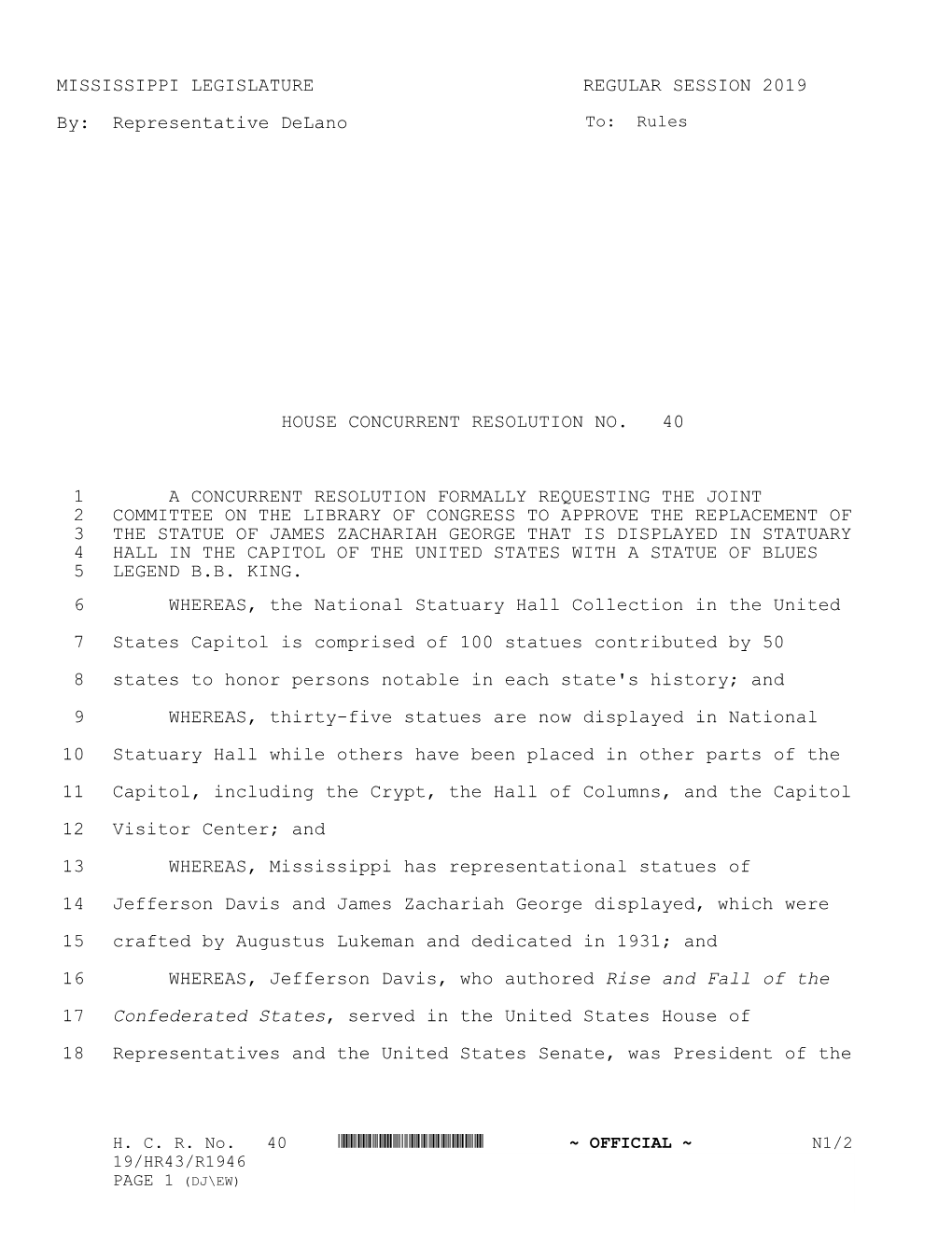 MISSISSIPPI LEGISLATURE REGULAR SESSION 2019 By