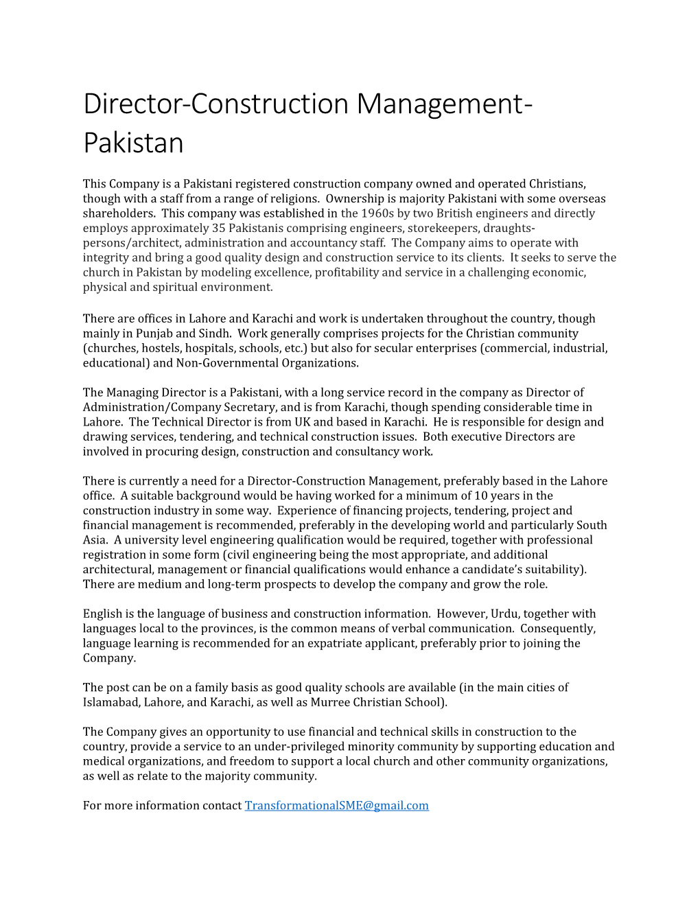 Director-Construction Management - Pakistan