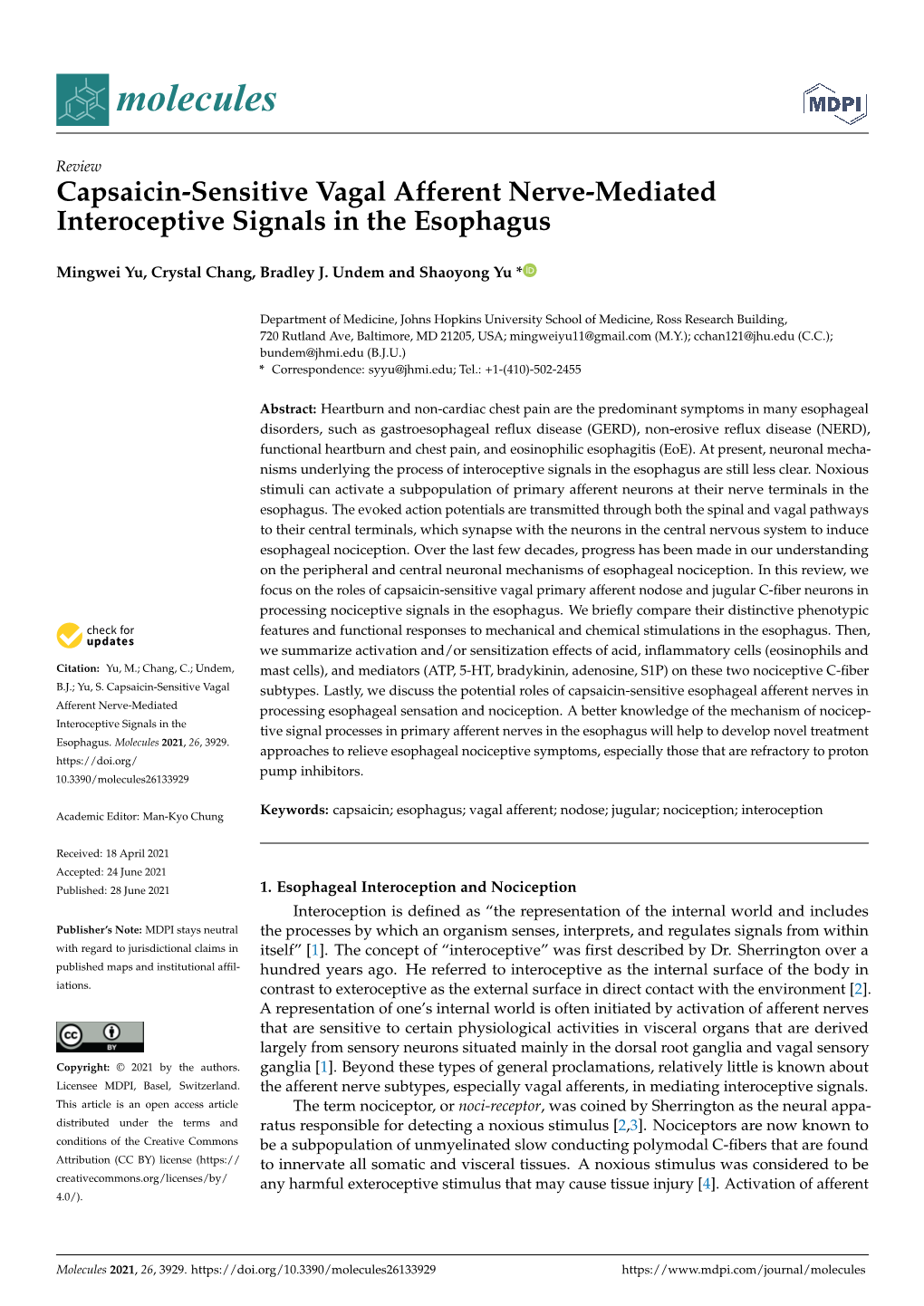 Capsaicin-Sensitive Vagal Afferent Nerve-Mediated Interoceptive Signals in the Esophagus