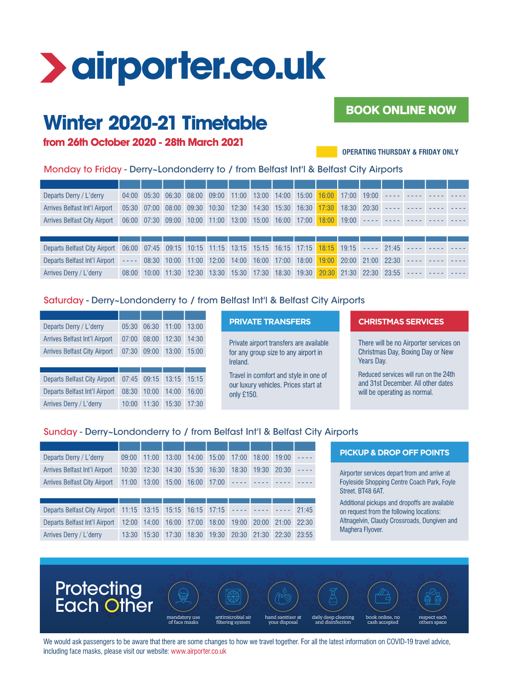 Winter 2020-21 Timetable from 26Th October 2020 - 28Th March 2021 OPERATING THURSDAY & FRIDAY ONLY