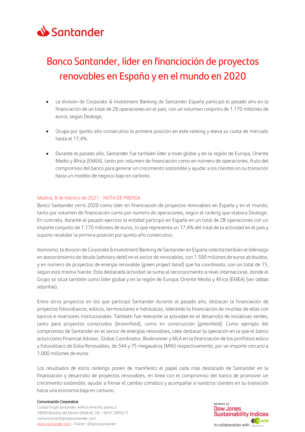 Banco Santander, Líder En Financiación De Proyectos Renovables En España Y En El Mundo En 2020