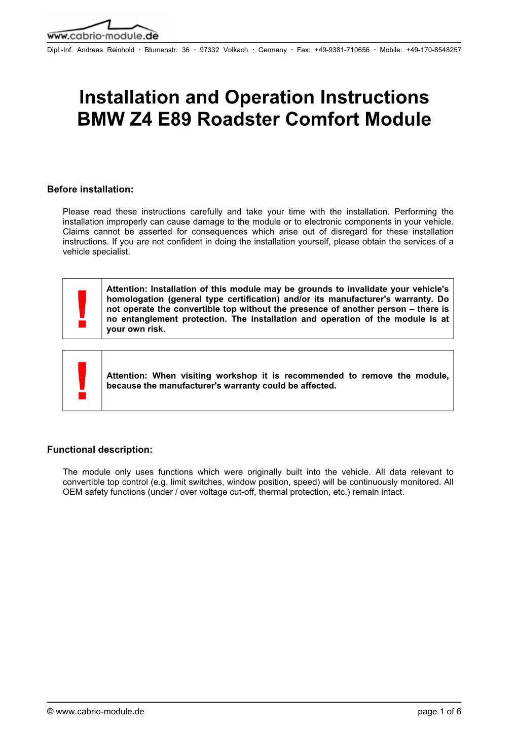 Installation and Operation Instructions BMW Z4 E89 Roadster Comfort Module