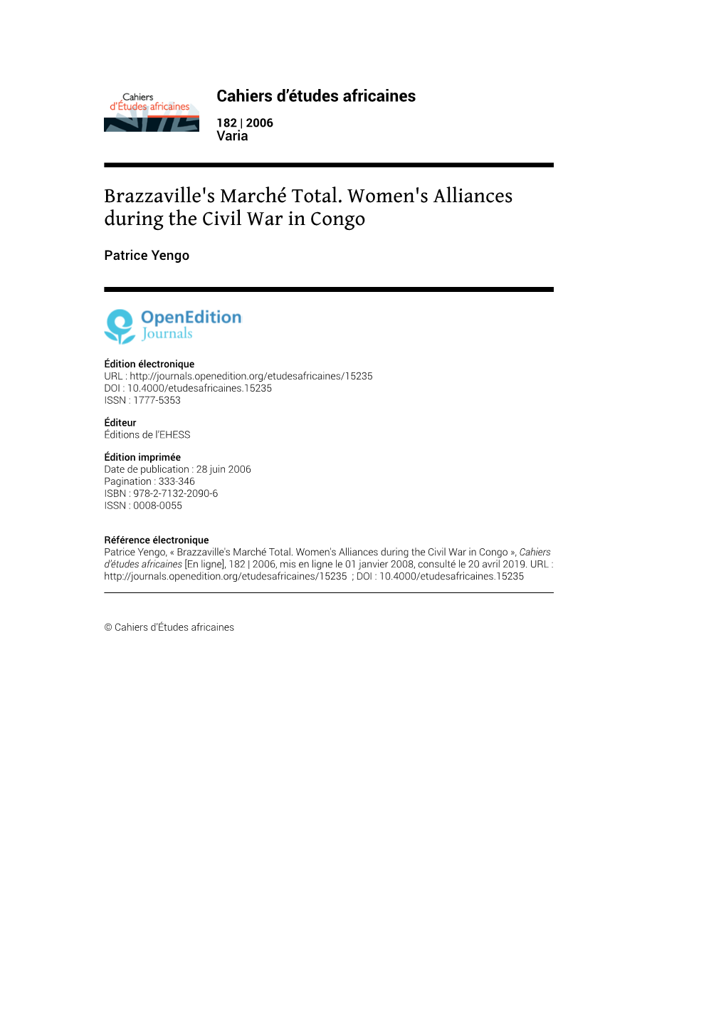 Brazzaville's Marché Total. Women's Alliances During the Civil War in Congo