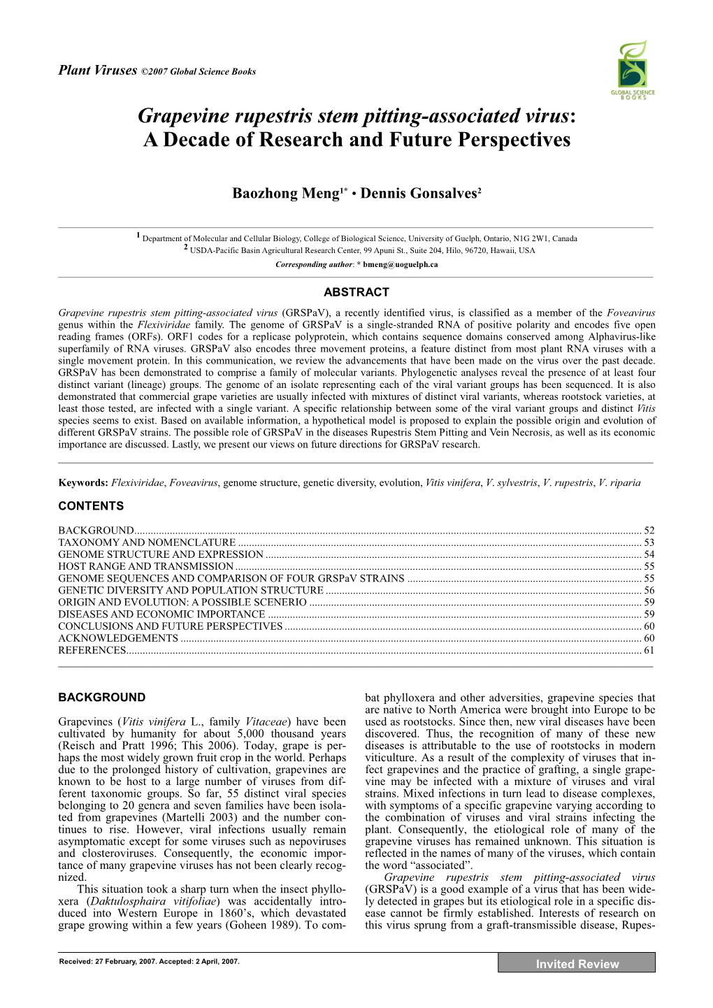 Grapevine Rupestris Stem Pitting-Associated Virus: a Decade of Research and Future Perspectives