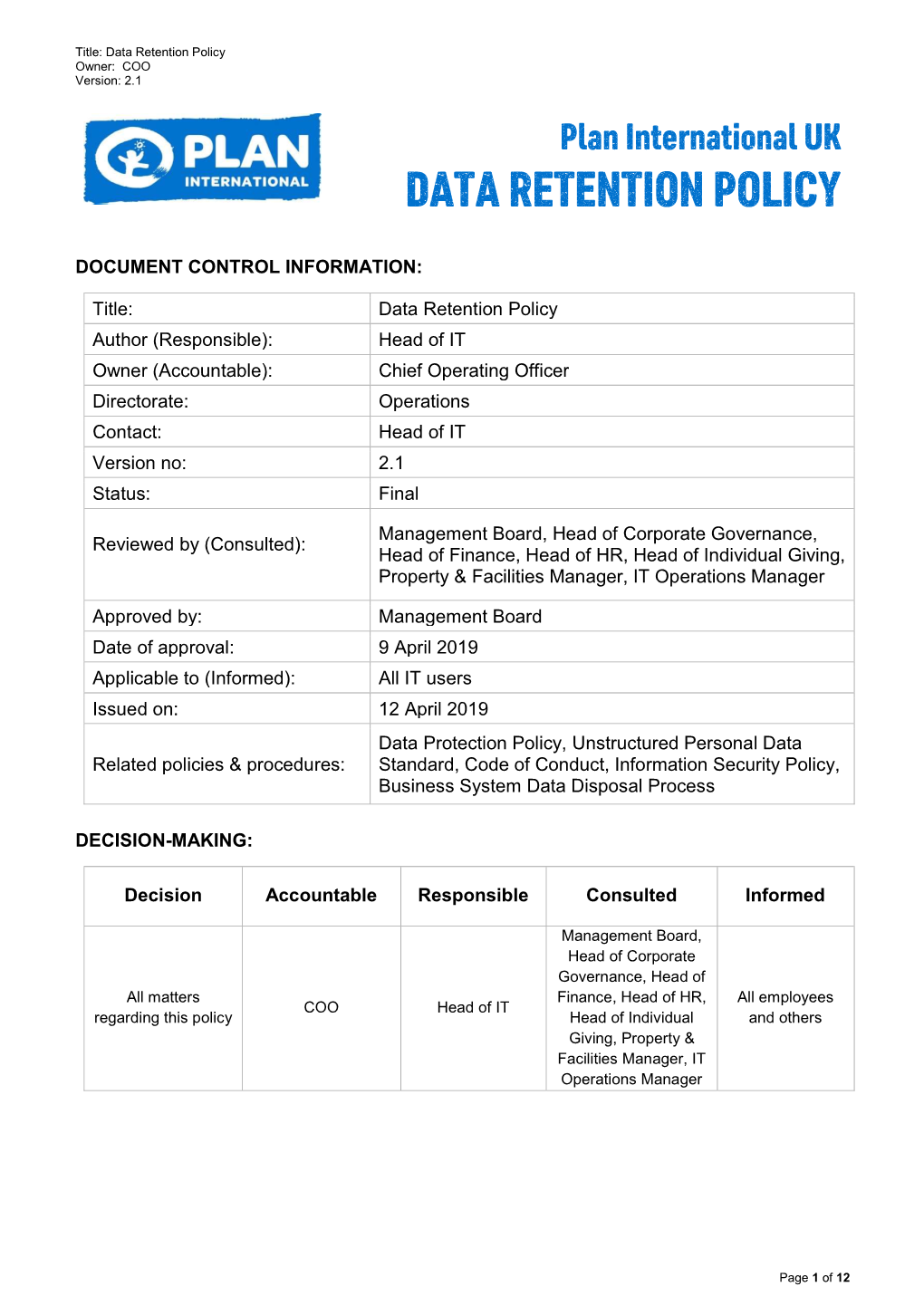 Data Retention Policy Owner: COO Version: 2.1