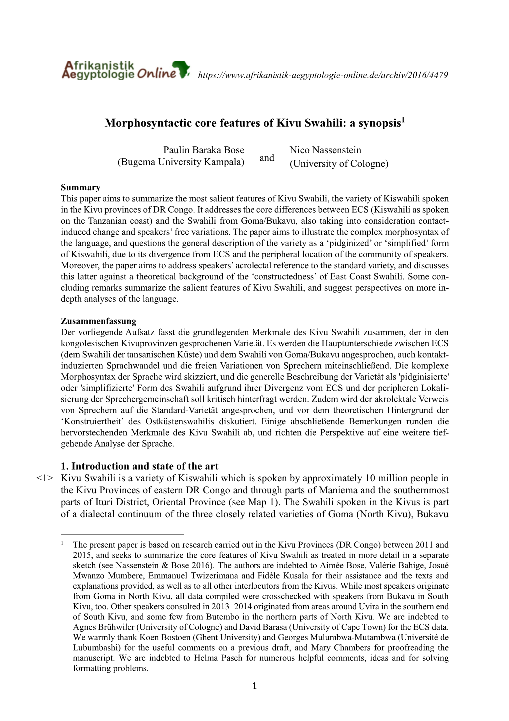 Morphosyntactic Core Features of Kivu Swahili: a Synopsis1