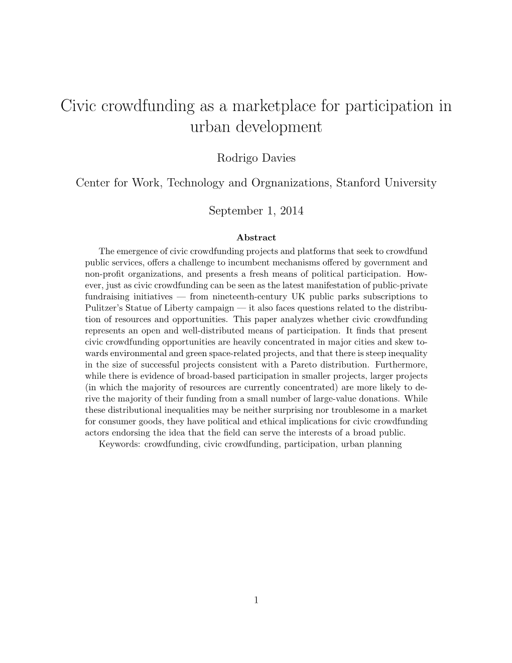 Civic Crowdfunding As a Marketplace for Participation in Urban Development