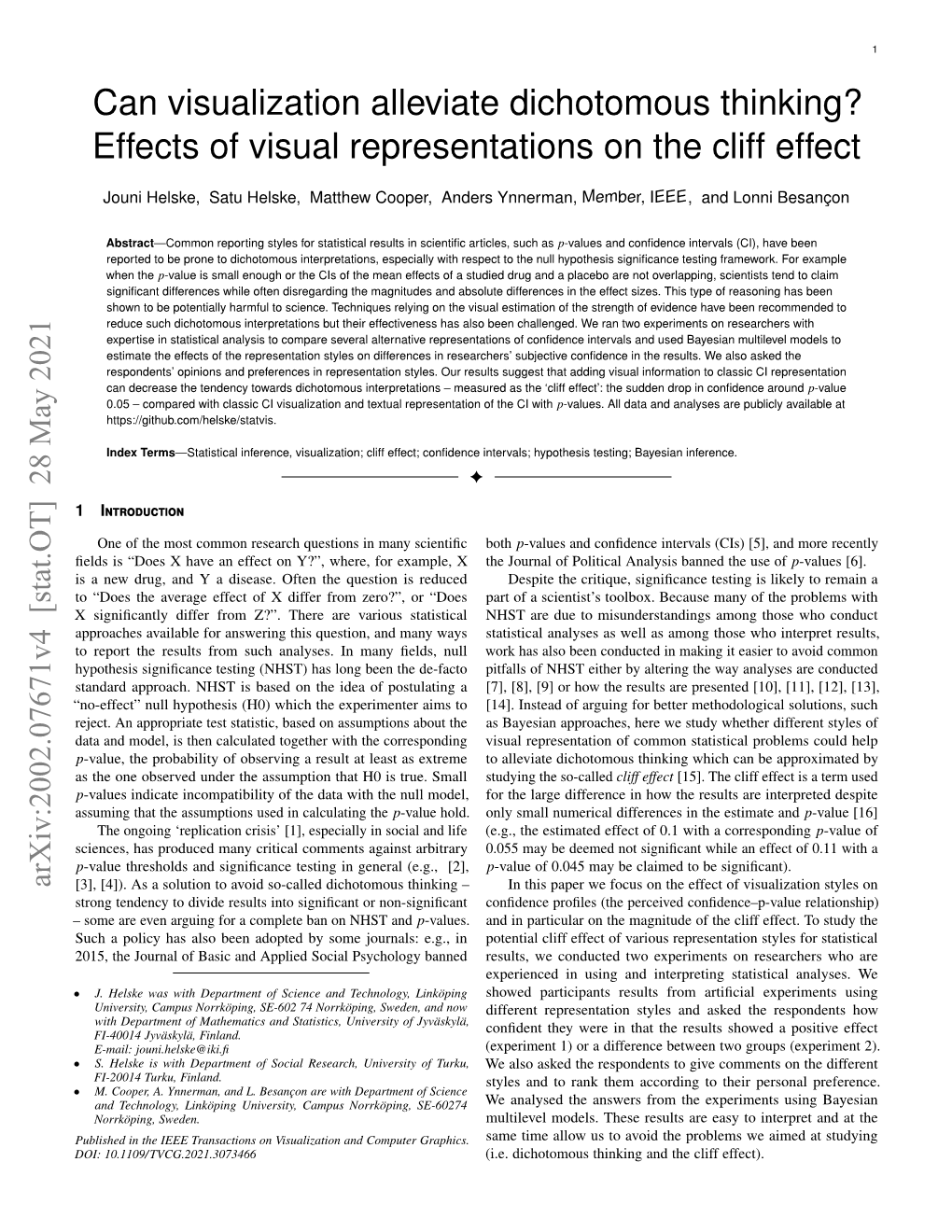 Can Visualization Alleviate Dichotomous Thinking? Effects of Visual Representations on the Cliff Effect