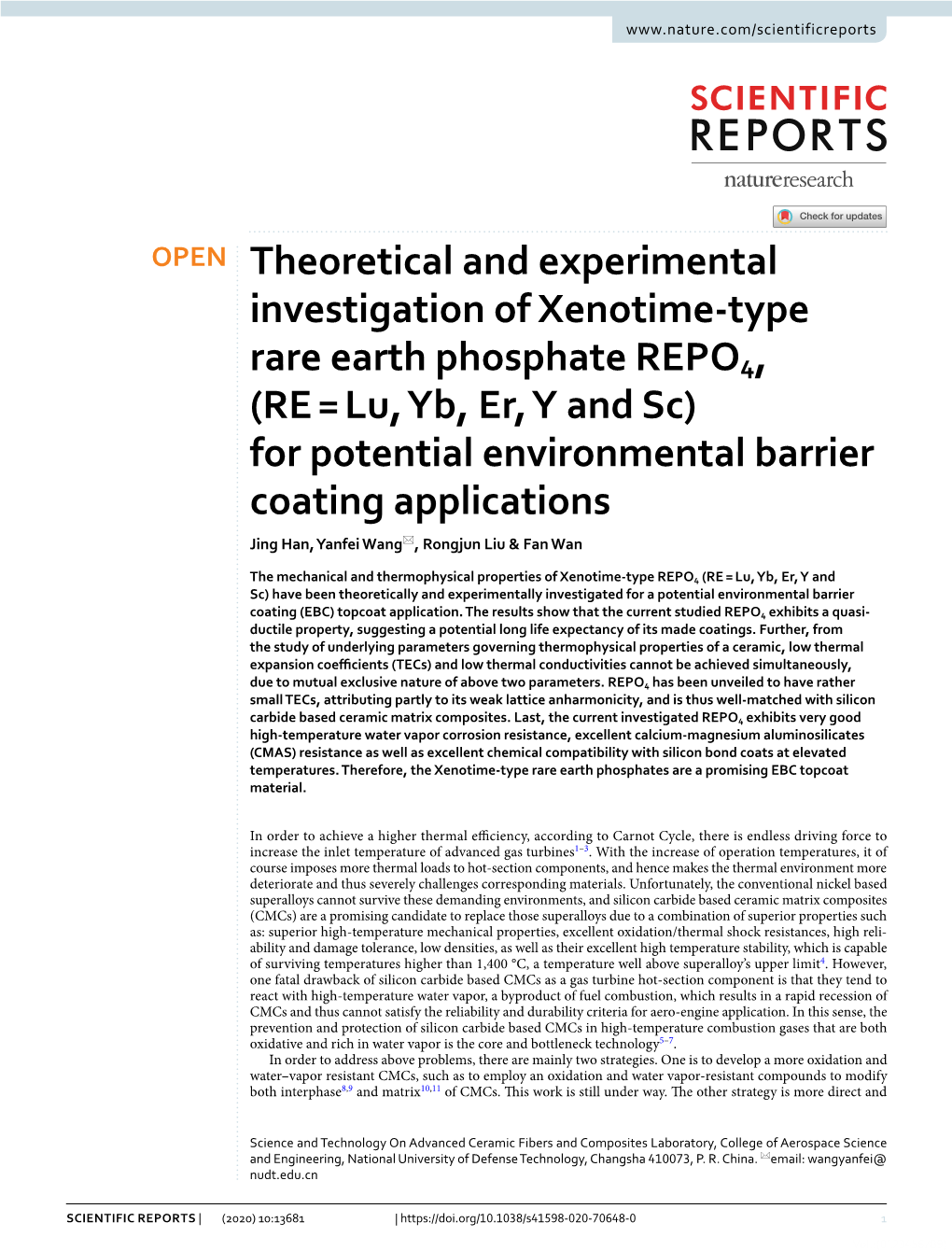 RE = Lu, Yb, Er, Y and Sc) for Potential Environmental Barrier Coating Applications Jing Han, Yanfei Wang*, Rongjun Liu & Fan Wan