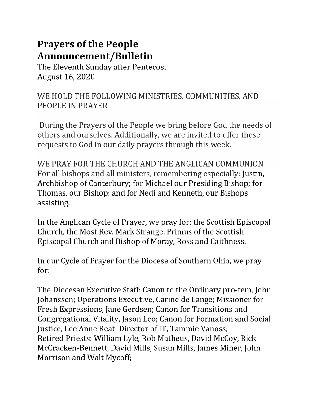Prayers of the People Announcement/Bulletin