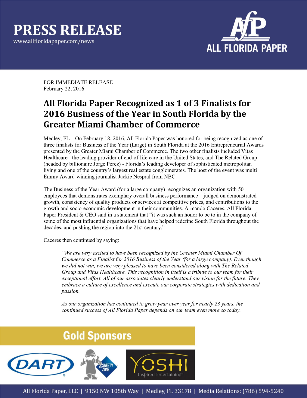 All Florida Paper Recognized As 1 of 3 Finalists for 2016 Business of the Year in South Florida by the Greater Miami Chamber of Commerce