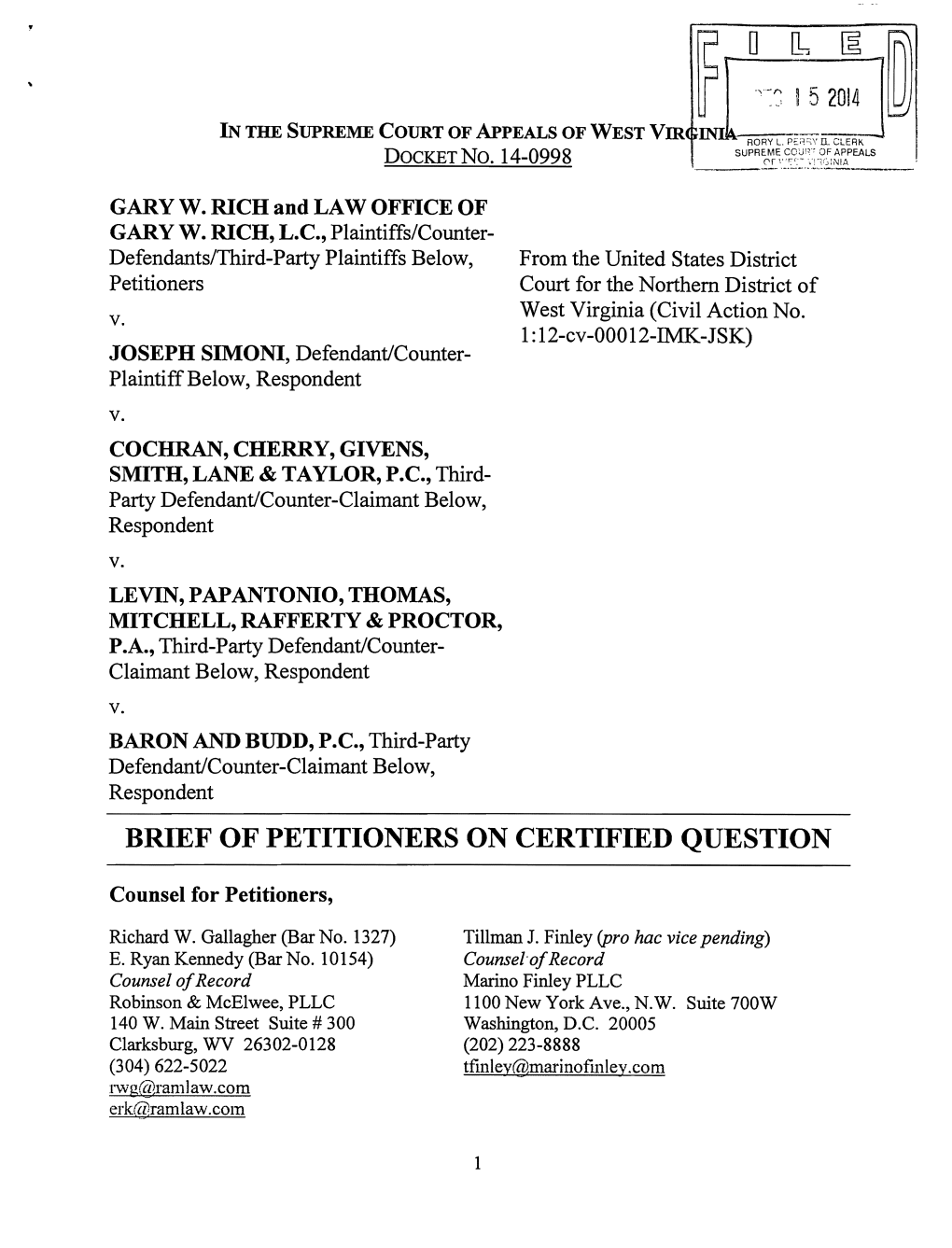 Petitioner's Brief, Gary W. Rich V. Joseph Simoni, Et Al., No. 14-0998