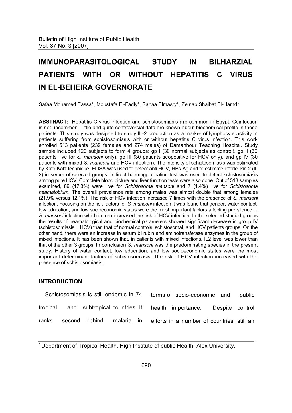 Immunoparasitological Study in Bilharsial