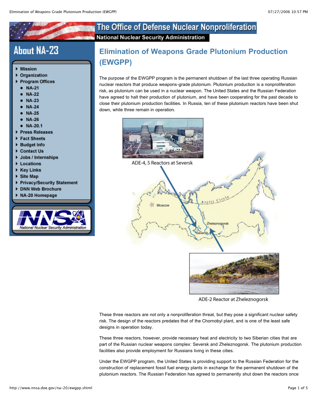 Elimination of Weapons Grade Plutonium Production (EWGPP) 07/27/2006 10:57 PM