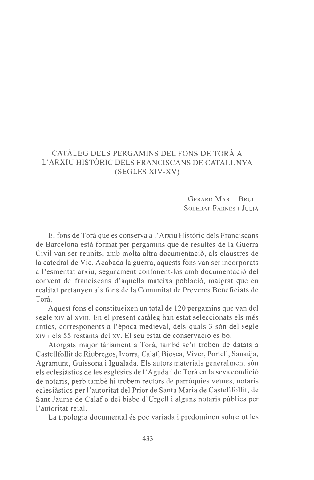 El Fons De Torà a L'arxiu Històric Dels Franciscans De Catalunya (Segles Xiv-Xv)