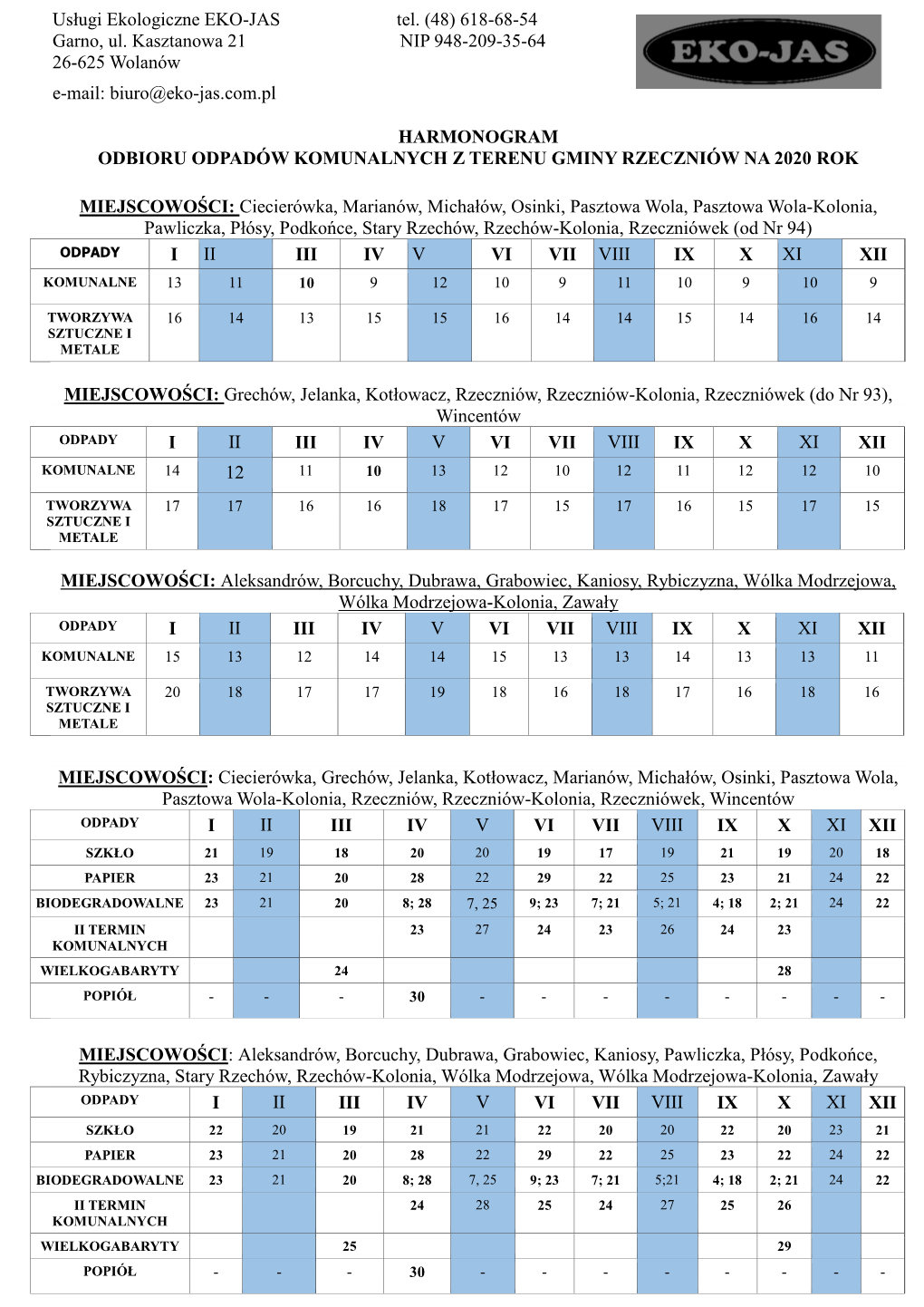 Harmonogram Odbioru Odpadów Komunalnych Z Terenu Gminy Rzeczniów Na 2020 Rok