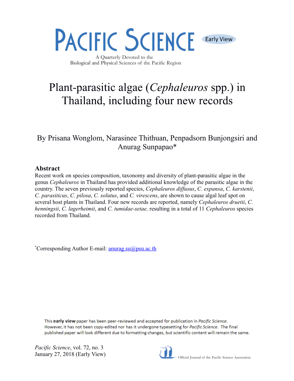 Plant-Parasitic Algae (Cephaleuros Spp.) in Thailand, Including Four New Records