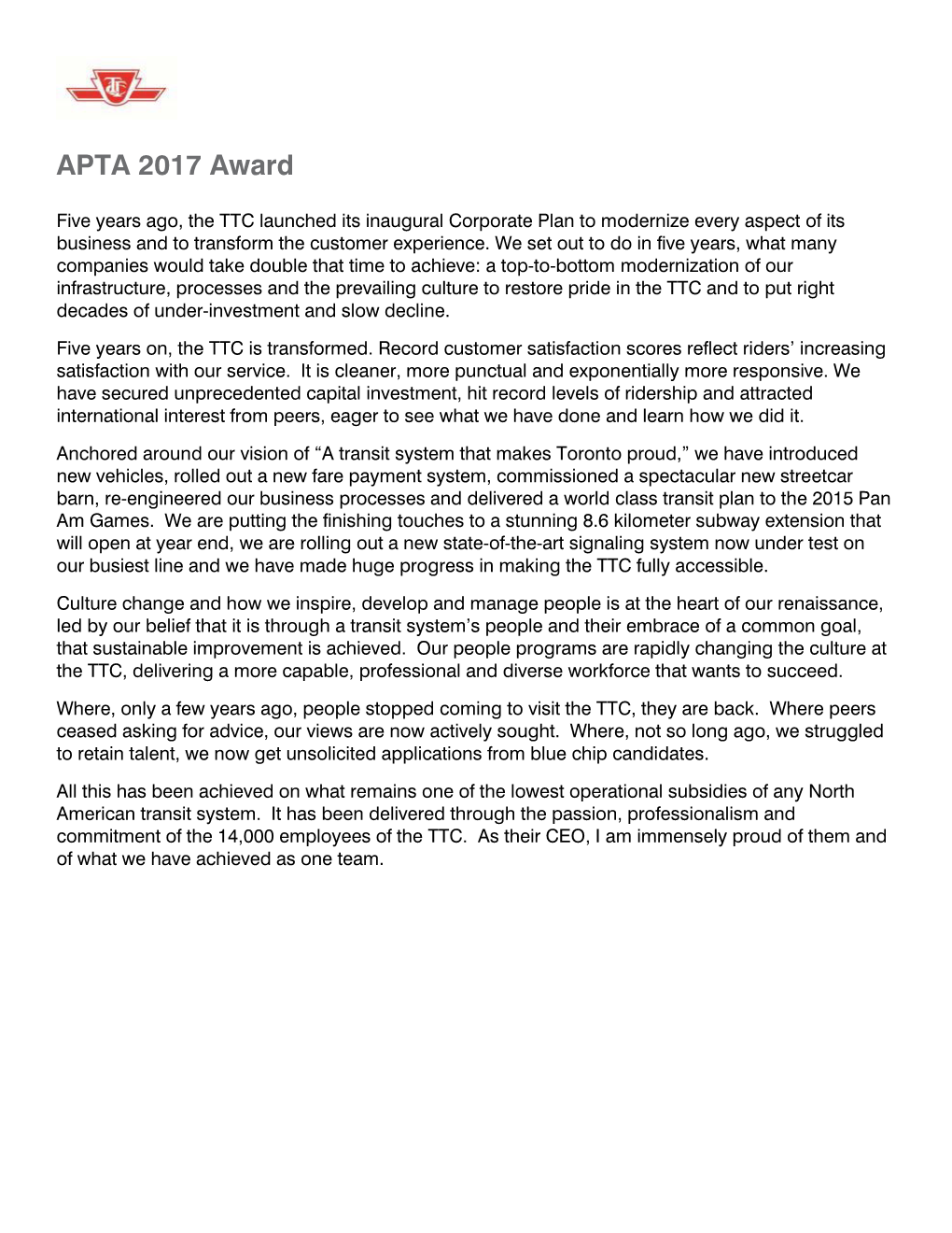 APTA 2017 Award Submission