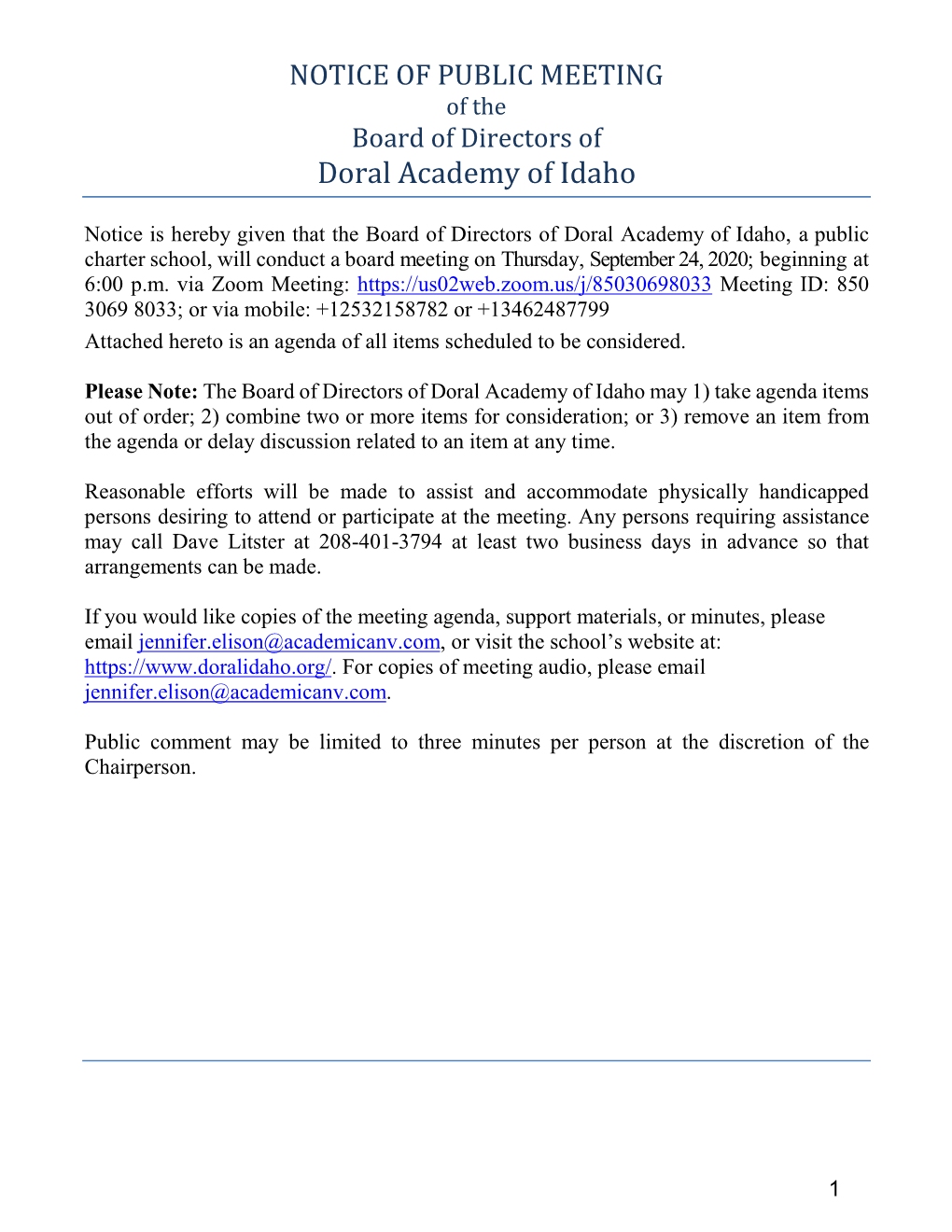Board of Directors of Doral Academy of Idaho