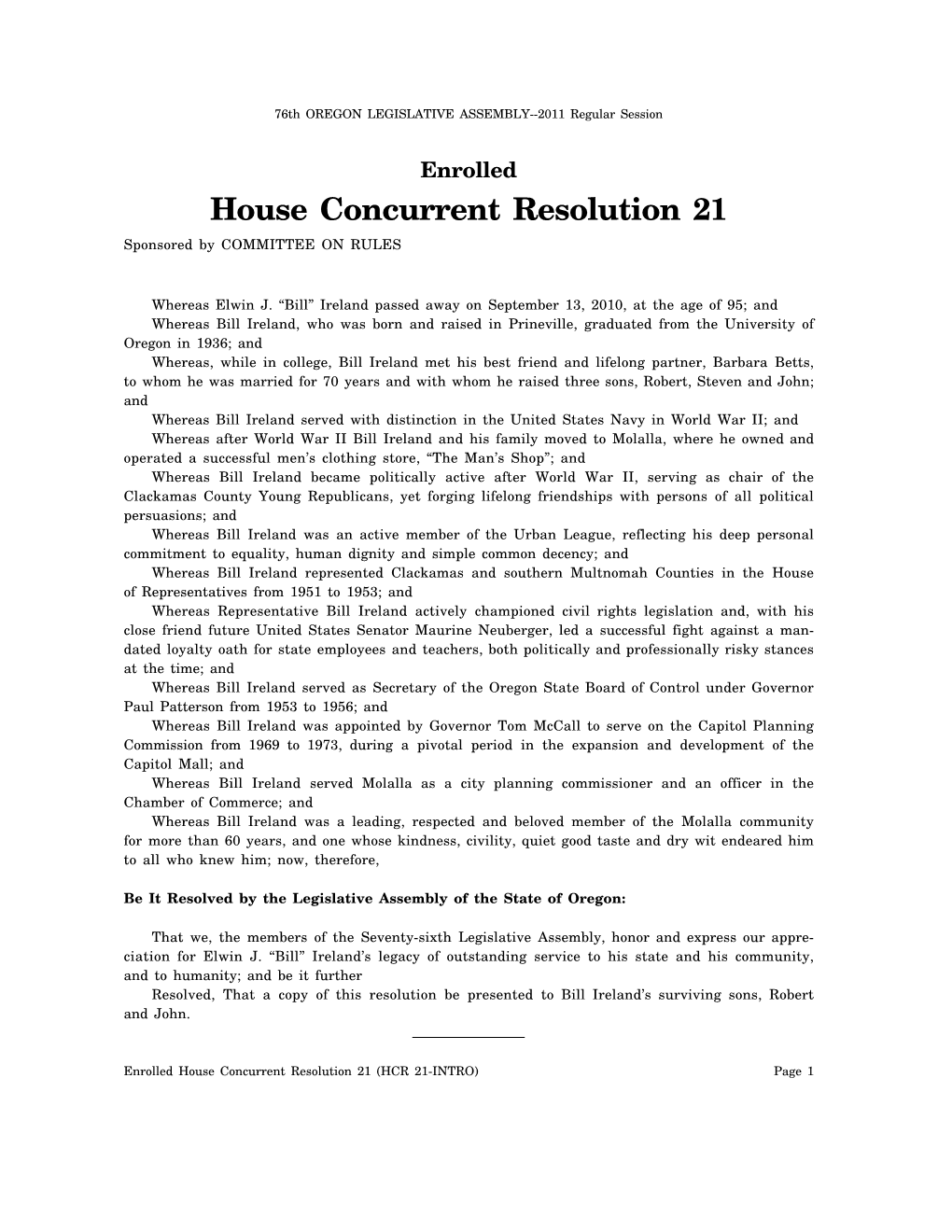 House Concurrent Resolution 21 Sponsored by COMMITTEE on RULES