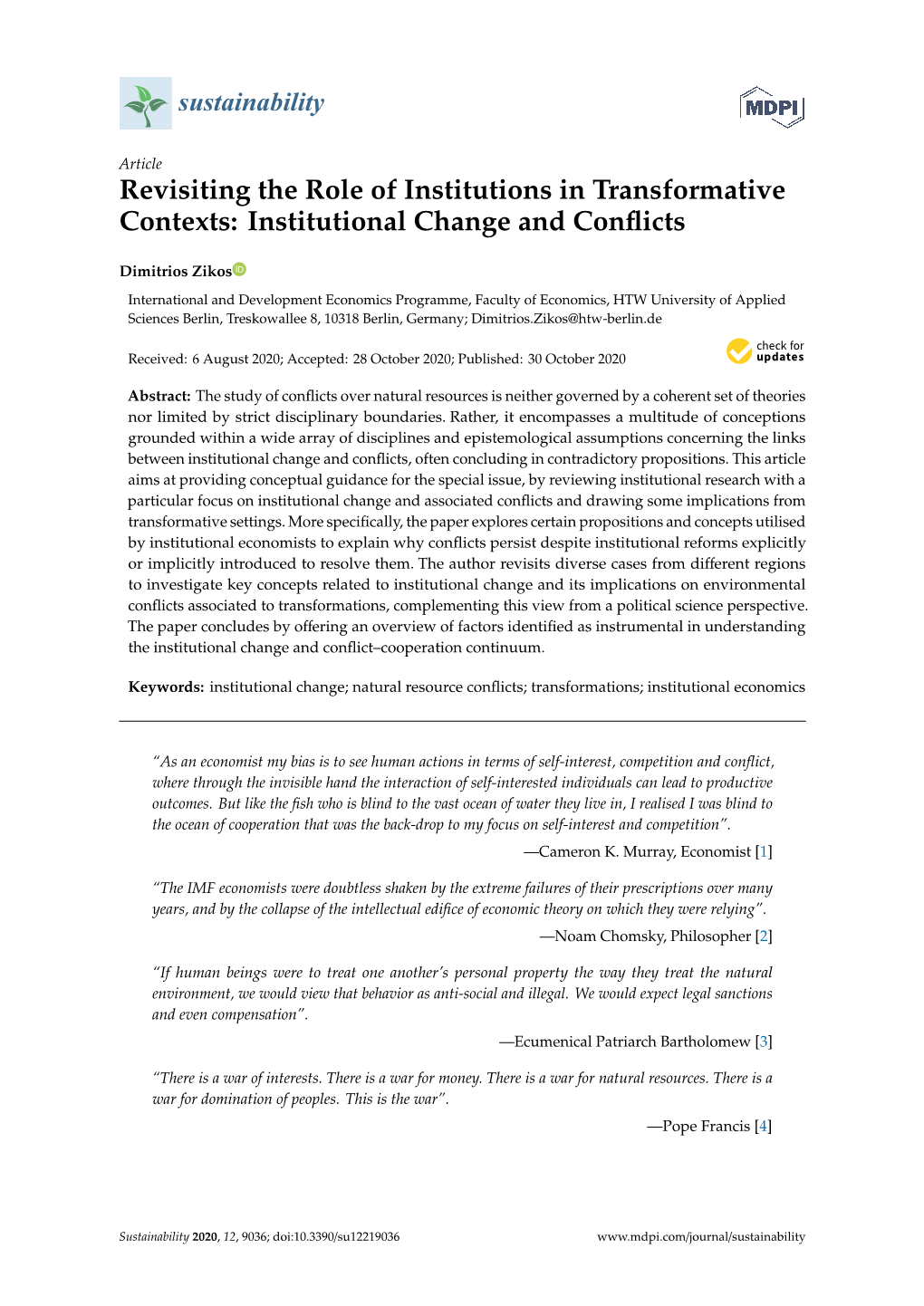 Revisiting the Role of Institutions in Transformative Contexts: Institutional Change and Conﬂicts