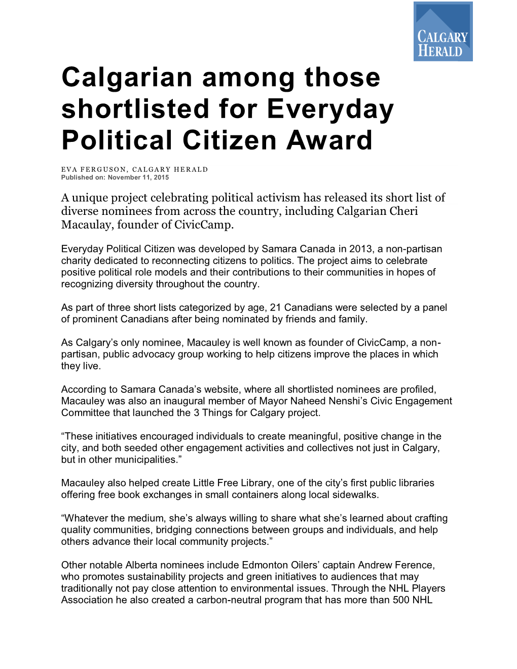 Calgarian Among Those Shortlisted for Everyday Political Citizen Award