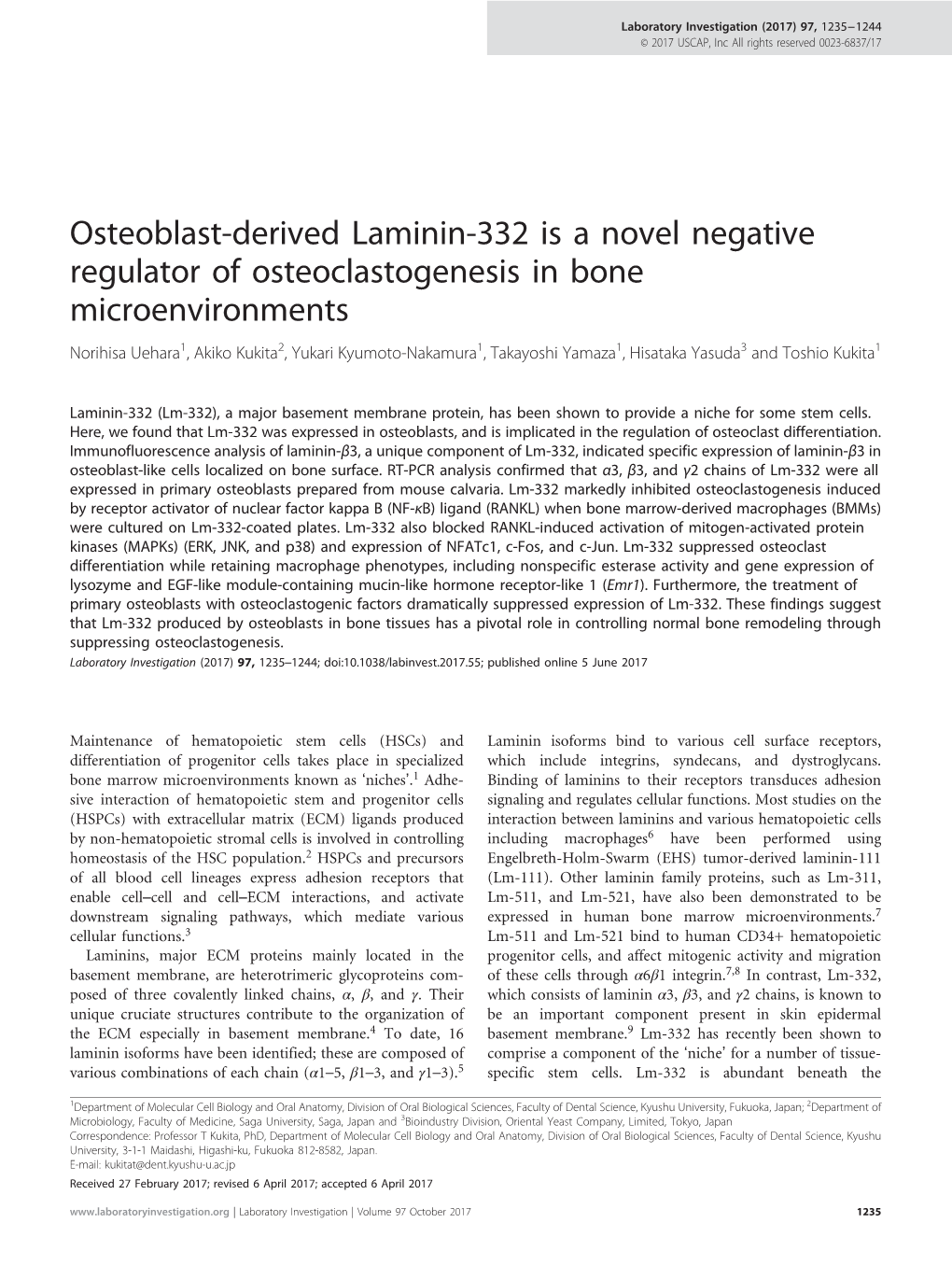 Osteoblast-Derived Laminin-332 Is a Novel Negative Regulator Of