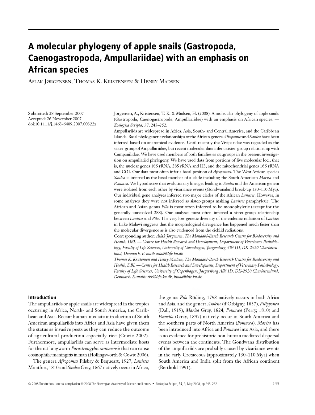 A Molecular Phylogeny of Apple Snails (Gastropoda, Caenogastropoda, Ampullariidae) with an Emphasis on African Species